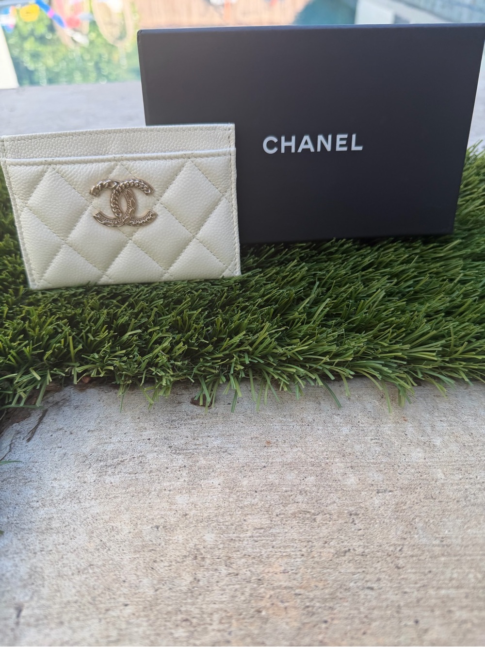 CHANEL Quilted Card Case in Cream with Gold CC